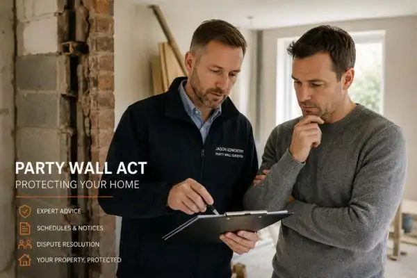 Party wall surveyor Yateley discussing extension plans with homeowner outside a UK semi-detached house.